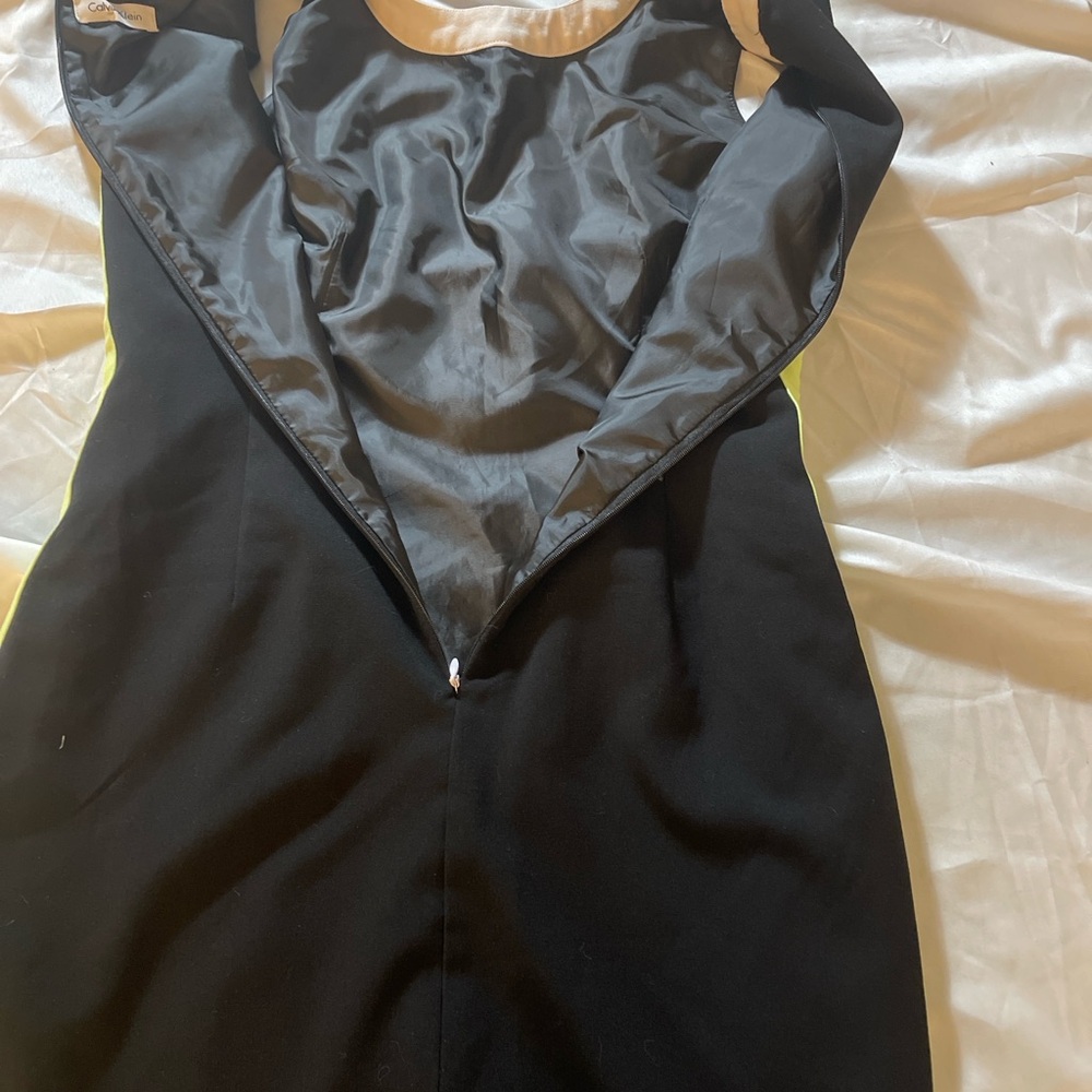 Calvin Klein Black Sheath Dress Sleeveless Neon Yellow Side Panel Knee Length - Picture 7 of 9